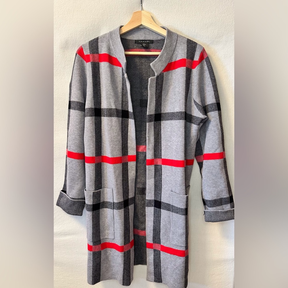 Tahari Gray and Red Plaid Cardigan